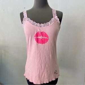 VINTAGE BETSEY JOHNSON BREAST CANCER PINK LACE HOT PINK LIPS TANK TOP SIZE LARGE